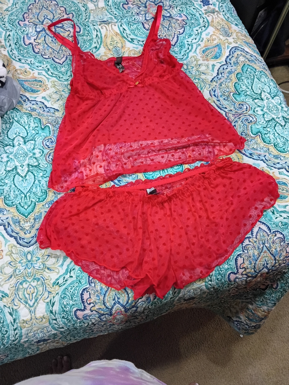 Daisy Fuentes Red Sheer Polka Dot Camisole & Shorts Sleep Set